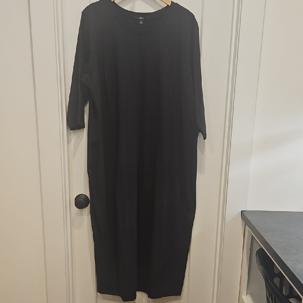 Ellos - Cotton Spandex Crew Neck 3/4 Sleeve Maxi Dress - Black - Plus Size 2X